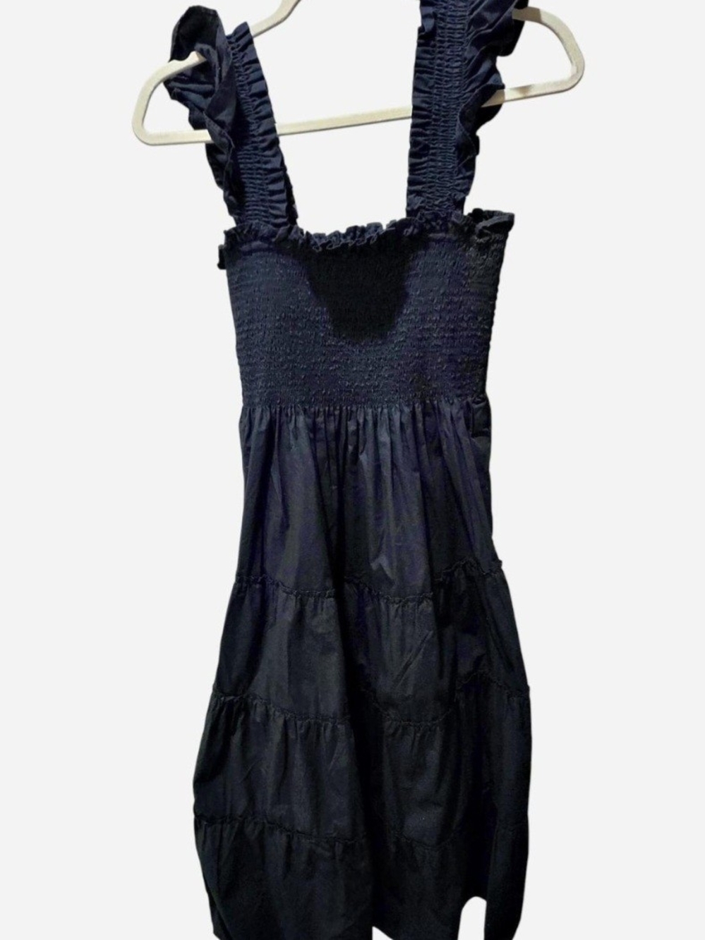 Quince NAVY 100% cotton poplin maternity smocked midi dress with tiered ruffles
